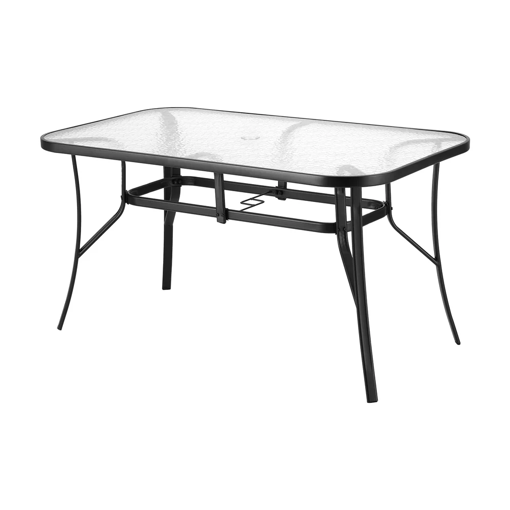 140CM Outdoor Dining Table Steel Frame Tempered Glass Parasol Hole Black