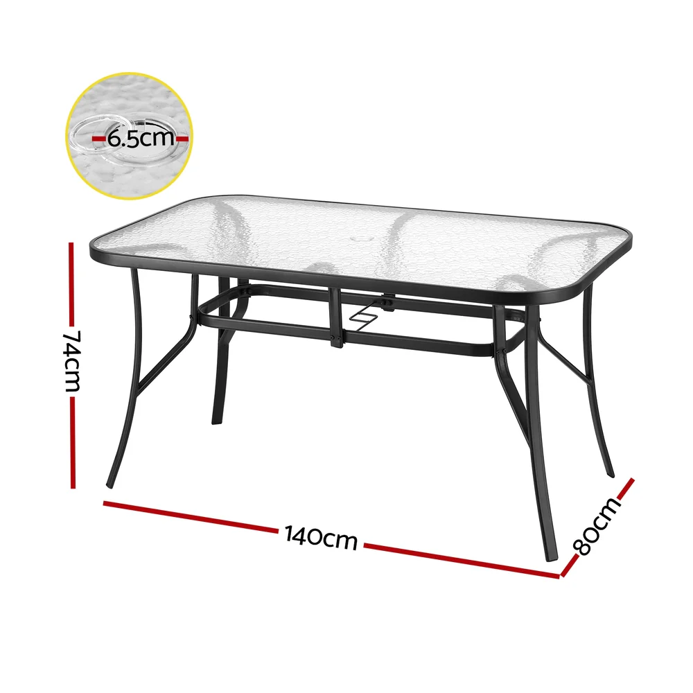 140CM Outdoor Dining Table Steel Frame Tempered Glass Parasol Hole Black - Image 2