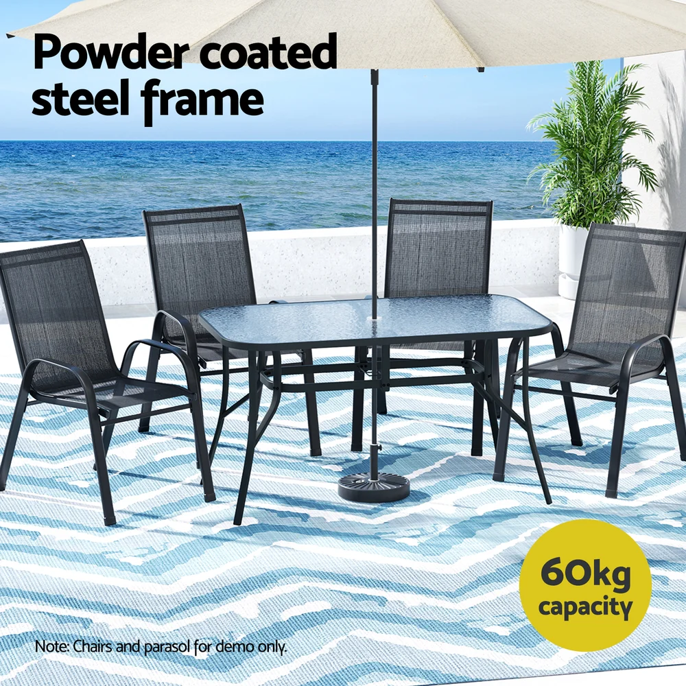 140CM Outdoor Dining Table Steel Frame Tempered Glass Parasol Hole Black - Image 4