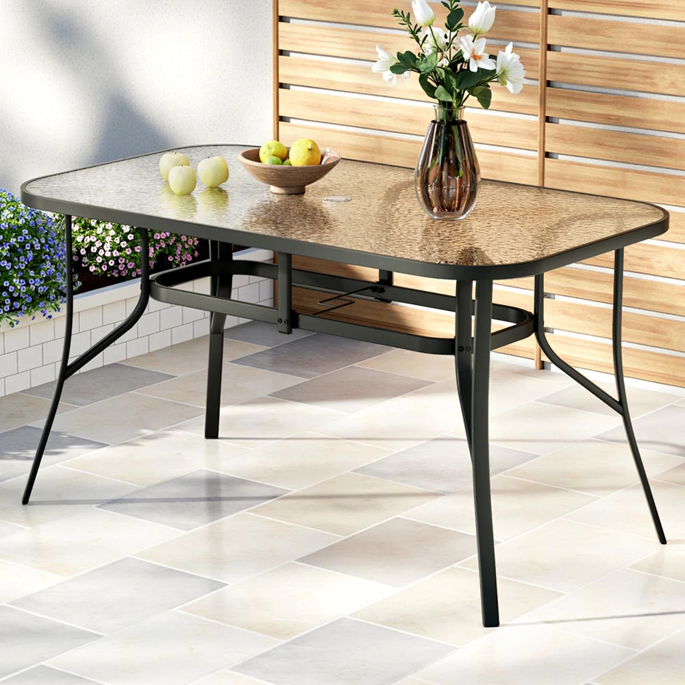 140CM Outdoor Dining Table Steel Frame Tempered Glass Parasol Hole Black - Image 7