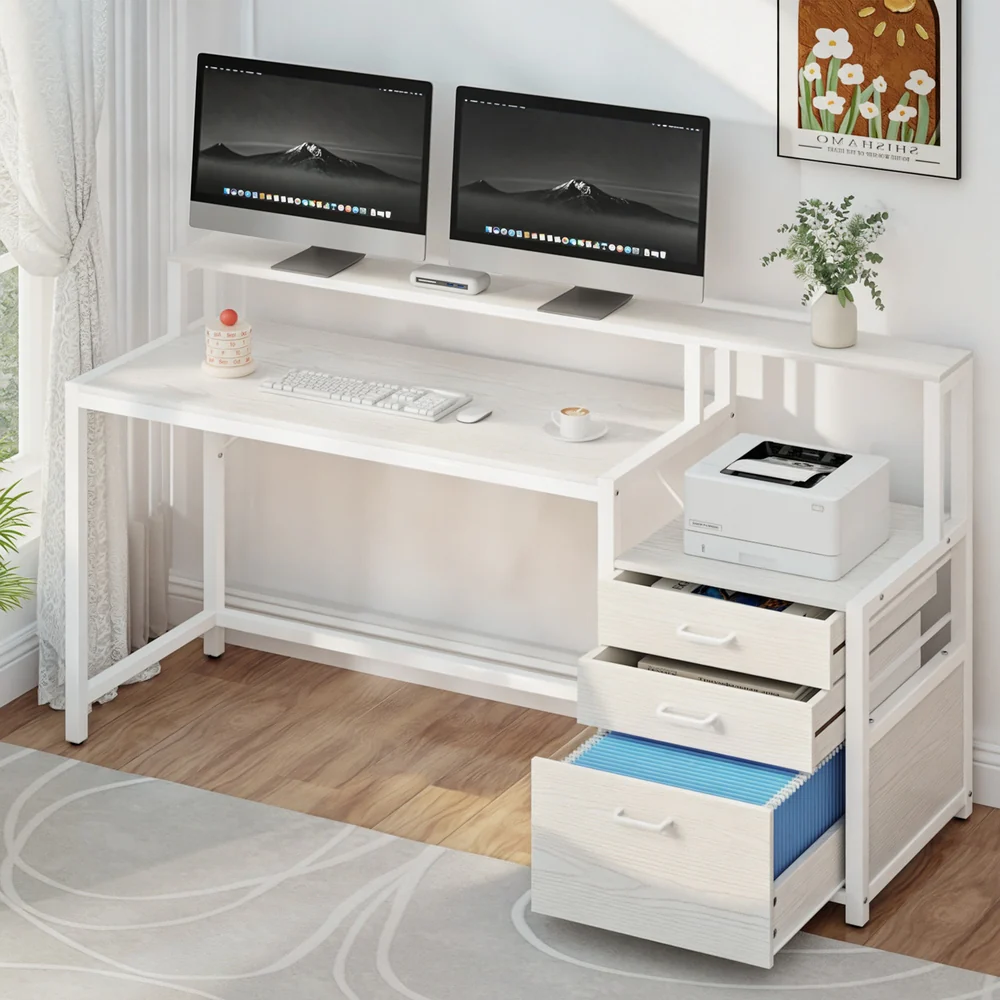 160cm Computer Desk with Monitor Riser and Storage Drawers – White - Image 7