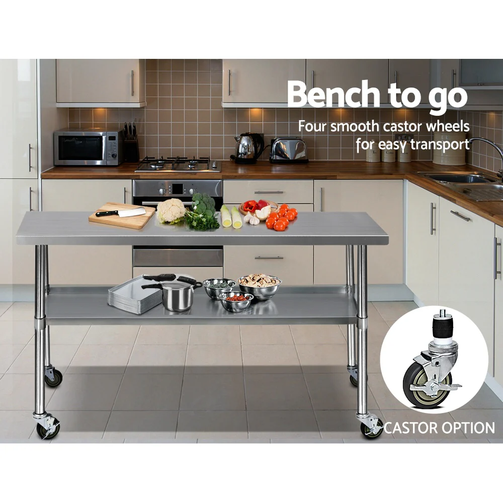 1829x610mm Stainless Steel Kitchen Bench with Wheels 304 - Image 6