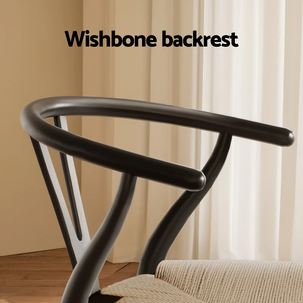 1x Dining Chair Wooden Rattan Wishbone Black - Image 5