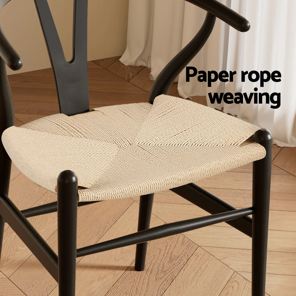1x Dining Chair Wooden Rattan Wishbone Black - Image 6