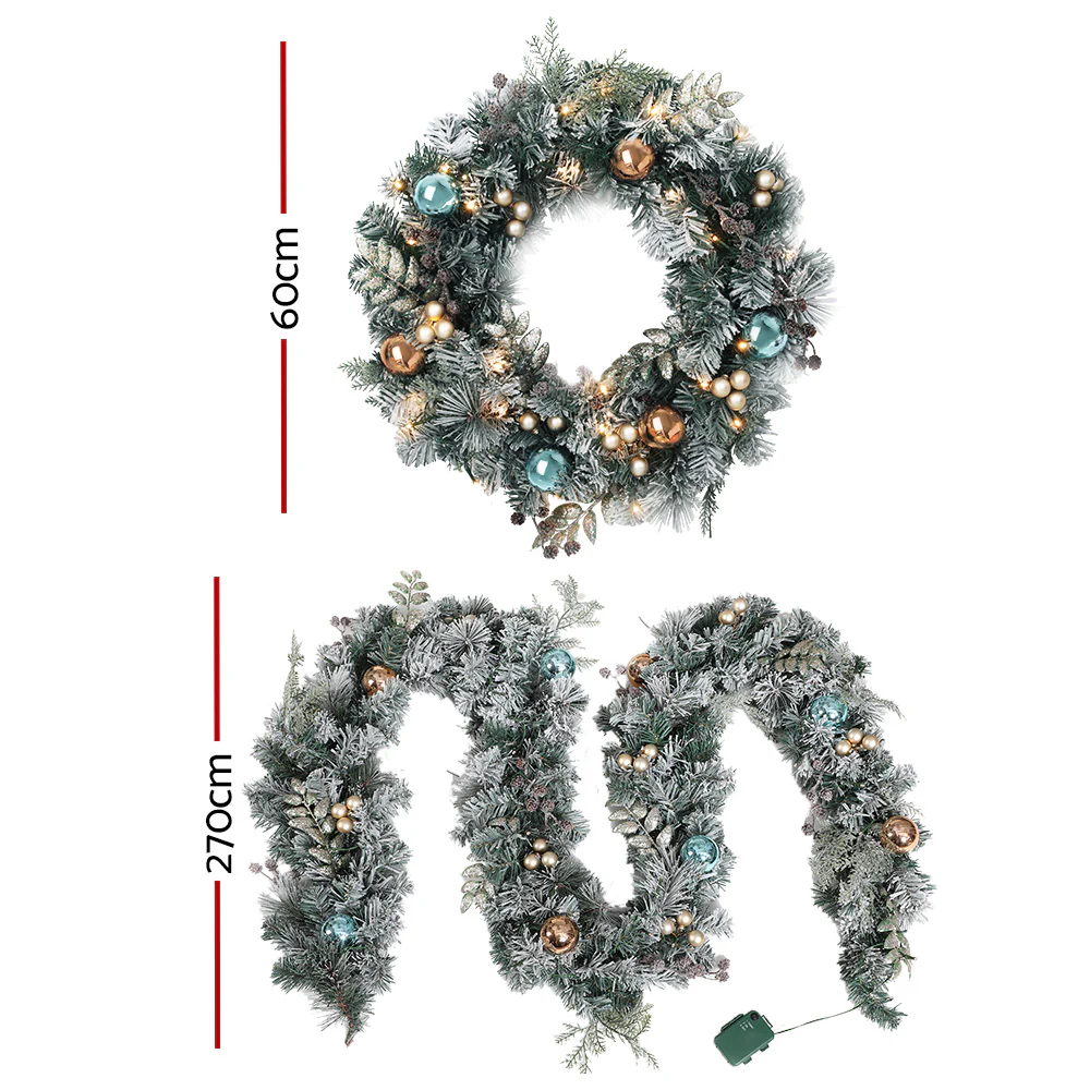 2.7M Snowy Christmas Garland & Wreath Set with LED Lights – Festive Décor - Image 3