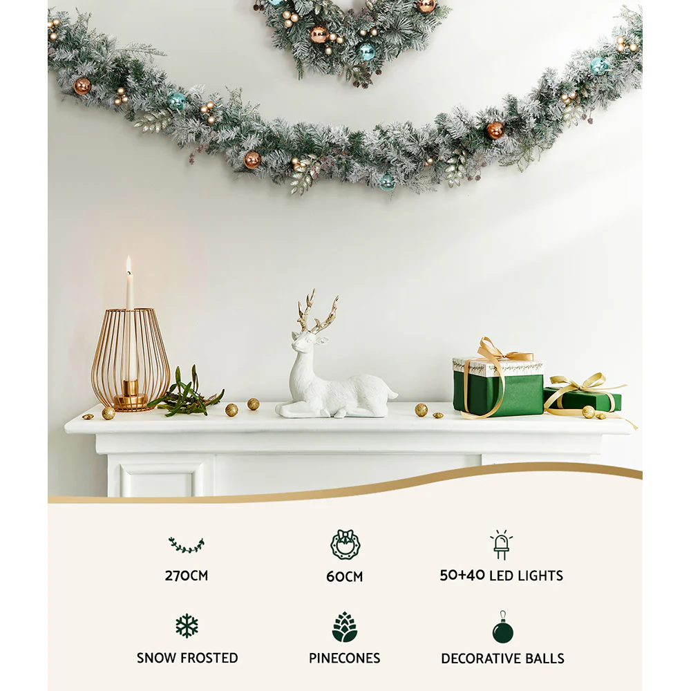2.7M Snowy Christmas Garland & Wreath Set with LED Lights – Festive Décor - Image 4