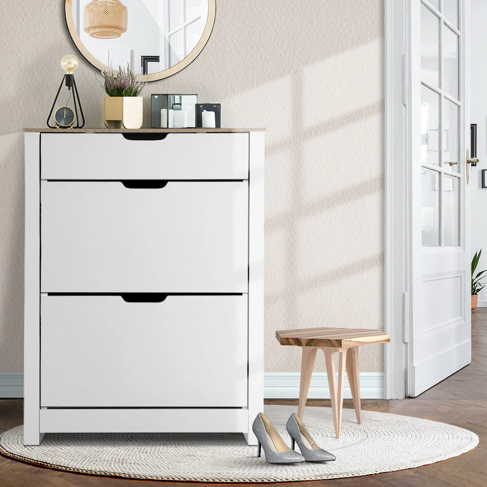 2-Compartment Shoe Cabinet with Top Drawer – White
