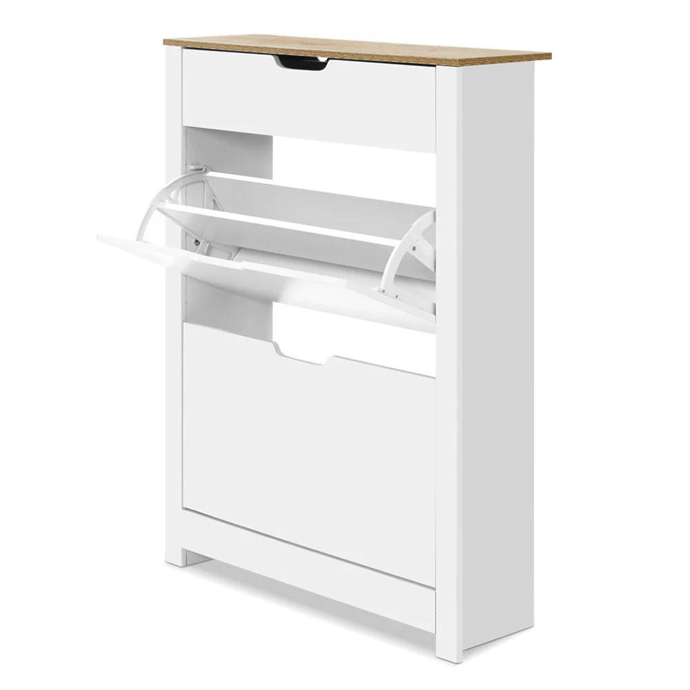 2-Compartment Shoe Cabinet with Top Drawer – White - Image 2