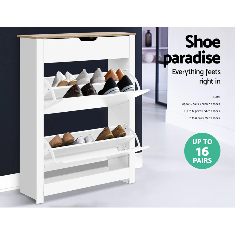 2-Compartment Shoe Cabinet with Top Drawer – White - Image 6