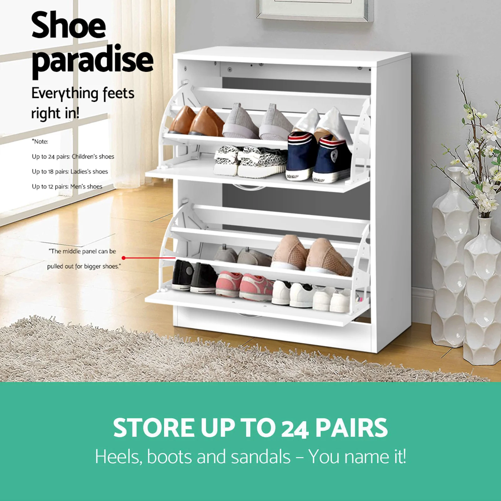 2-Compartment Triple Row Shoe Cabinet – White - Image 7