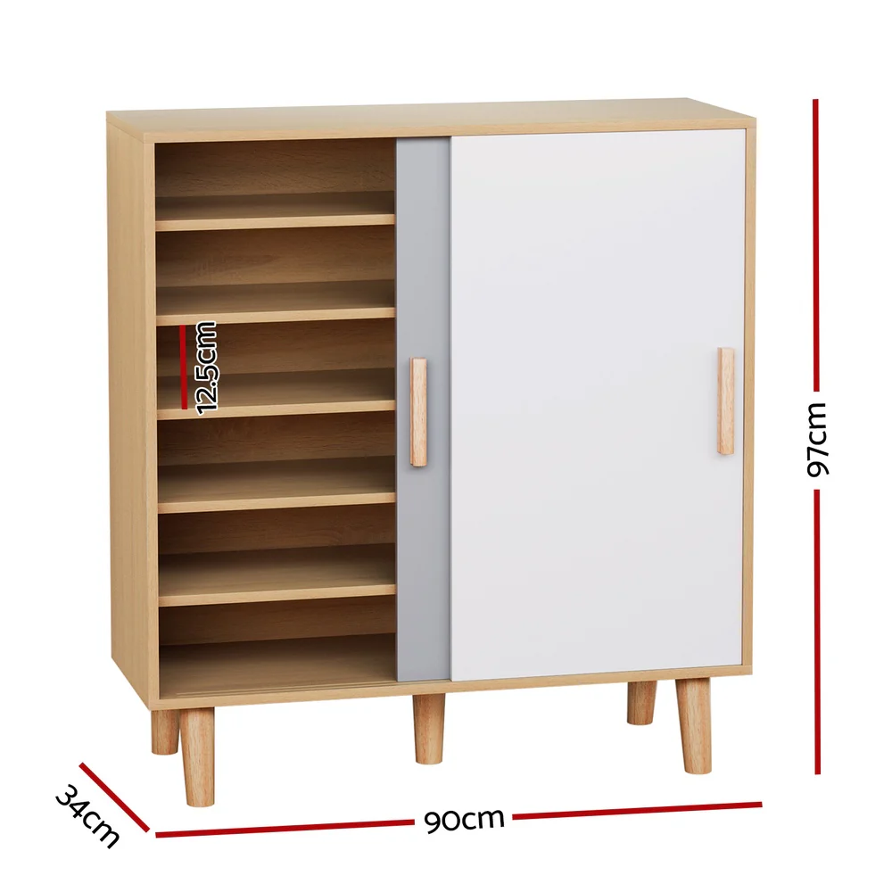 2-Door Shoe Cabinet with Sliding Doors – White, Grey & Pine - Image 3