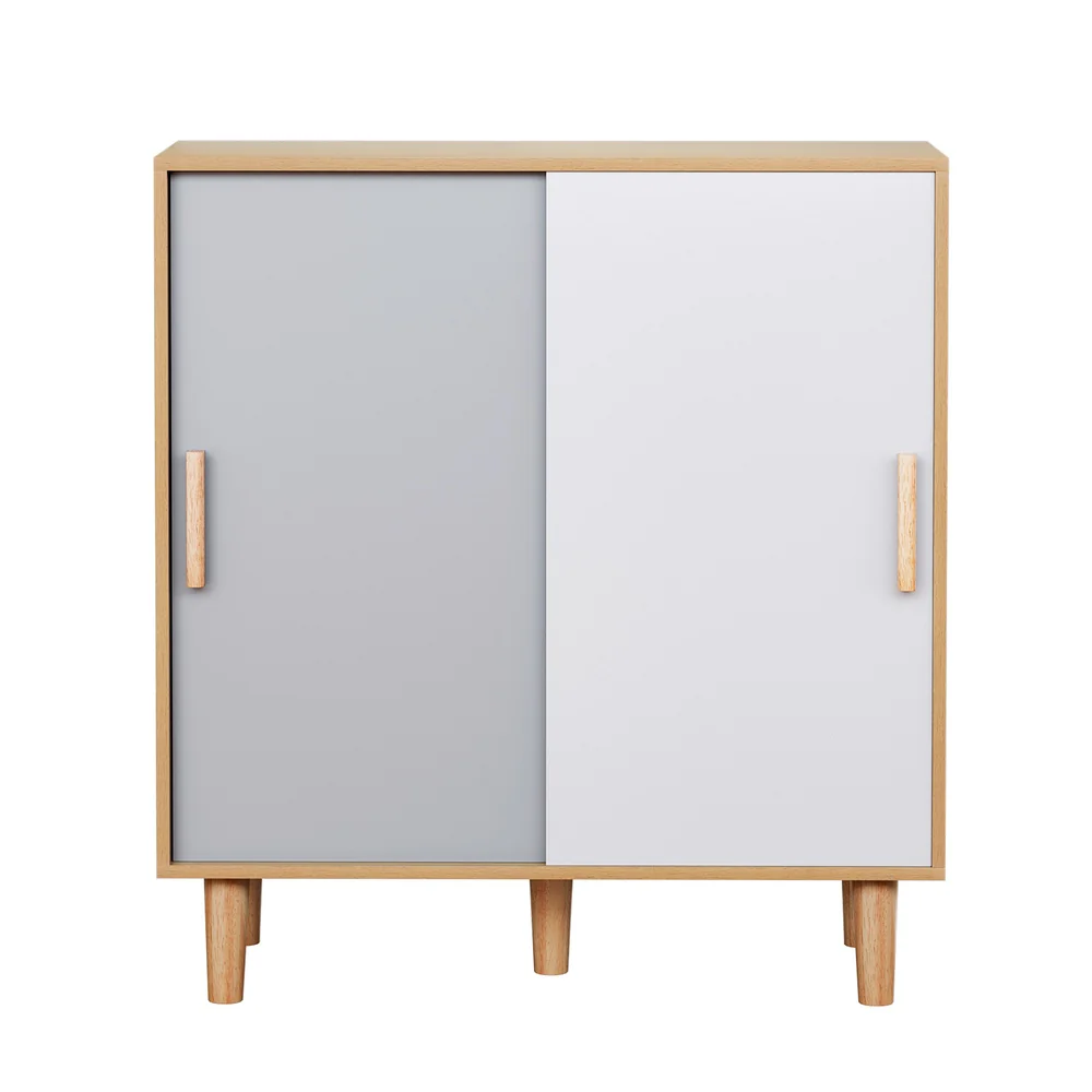 2-Door Shoe Cabinet with Sliding Doors – White, Grey & Pine - Image 4