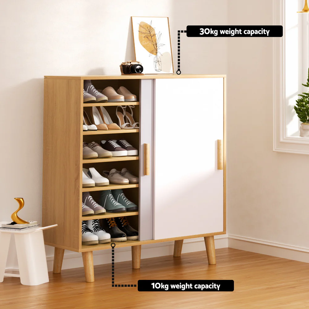 2-Door Shoe Cabinet with Sliding Doors – White, Grey & Pine - Image 7