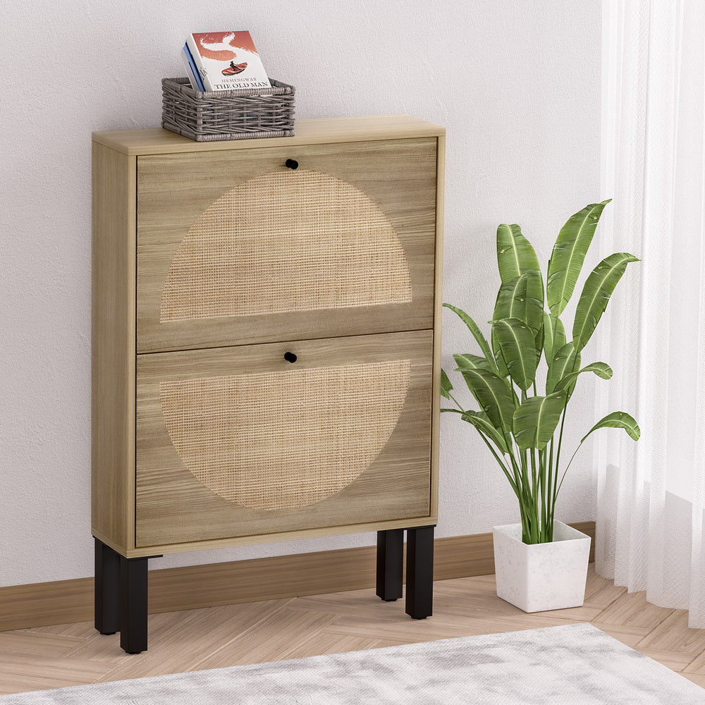 2-Drawer Rattan Shoe Cabinet – Pine & Black