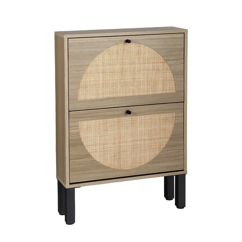2-Drawer Rattan Shoe Cabinet – Pine & Black - Image 2