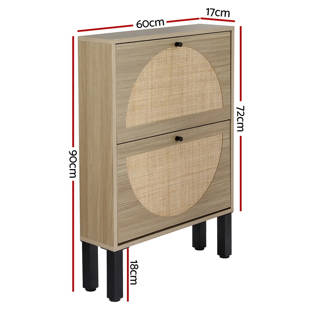 2-Drawer Rattan Shoe Cabinet – Pine & Black - Image 3