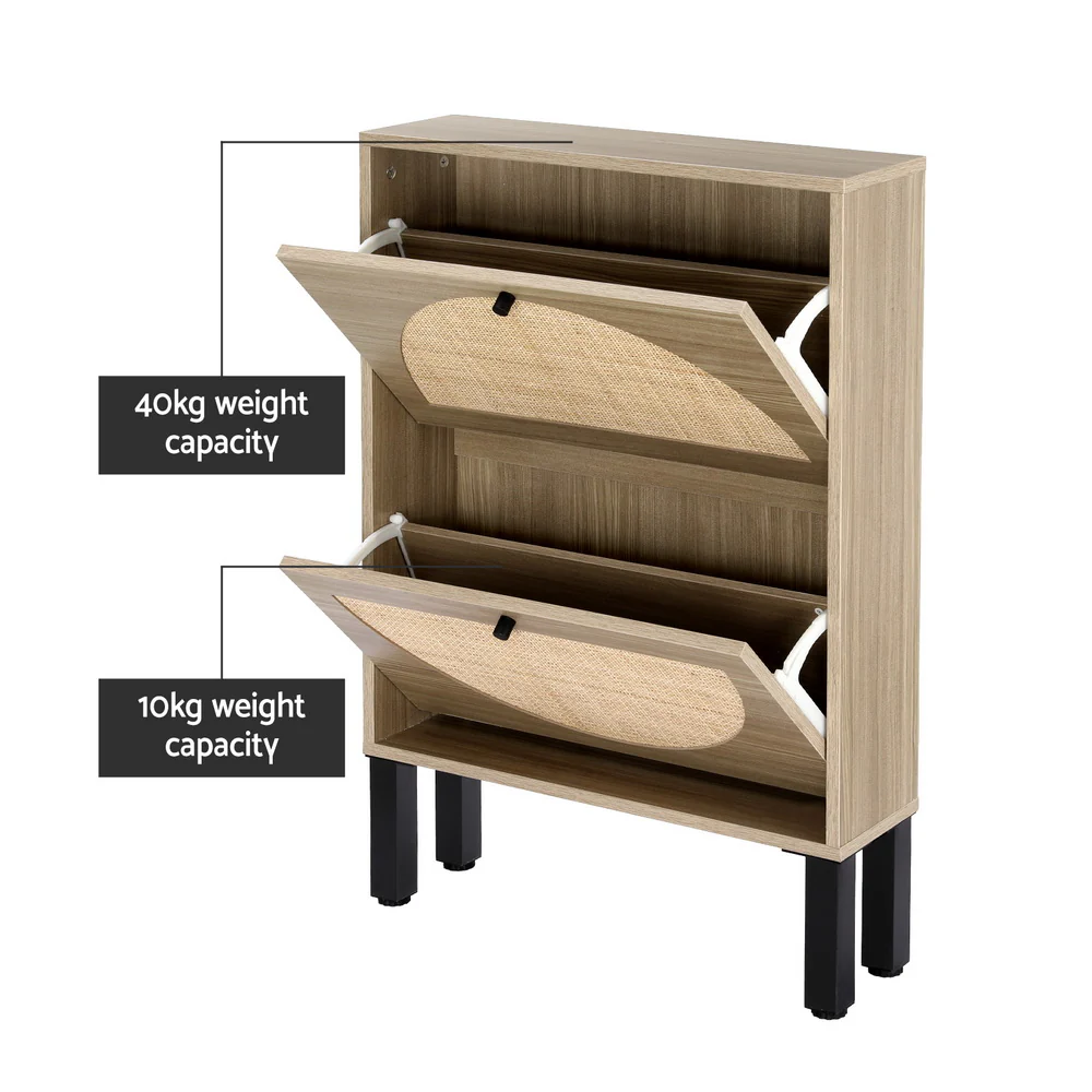 2-Drawer Rattan Shoe Cabinet – Pine & Black - Image 7
