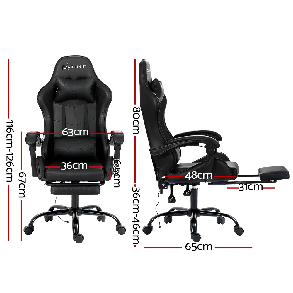 2 Point Massage Gaming Office Chair Footrest Black - Image 2