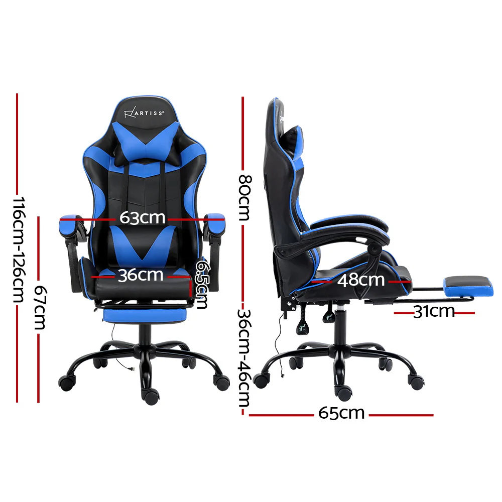 2 Point Massage Gaming Office Chair Footrest Blue - Image 2