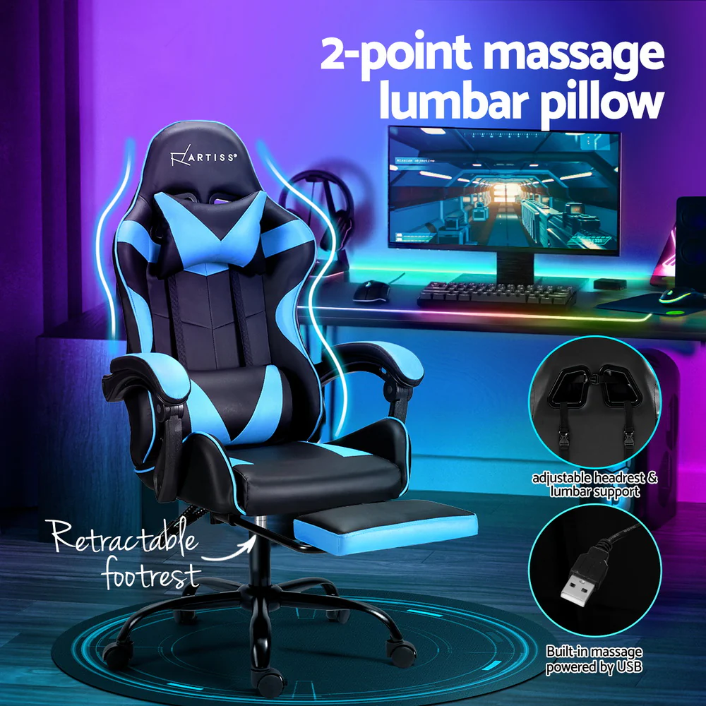 2 Point Massage Gaming Office Chair Footrest Cyan Blue - Image 4