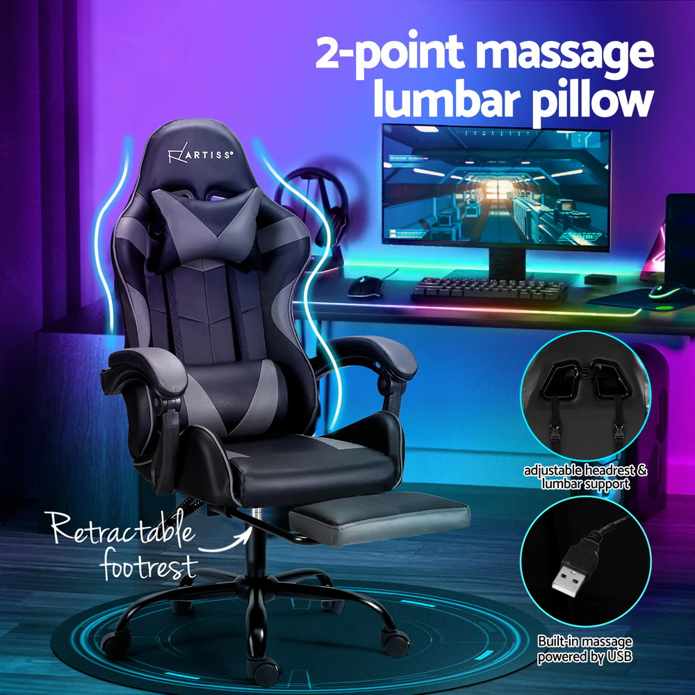 2 Point Massage Gaming Office Chair Footrest Grey - Image 4