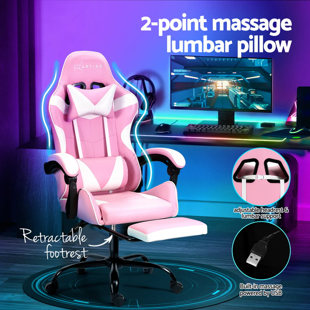 2 Point Massage Gaming Office Chair Footrest Pink - Image 4