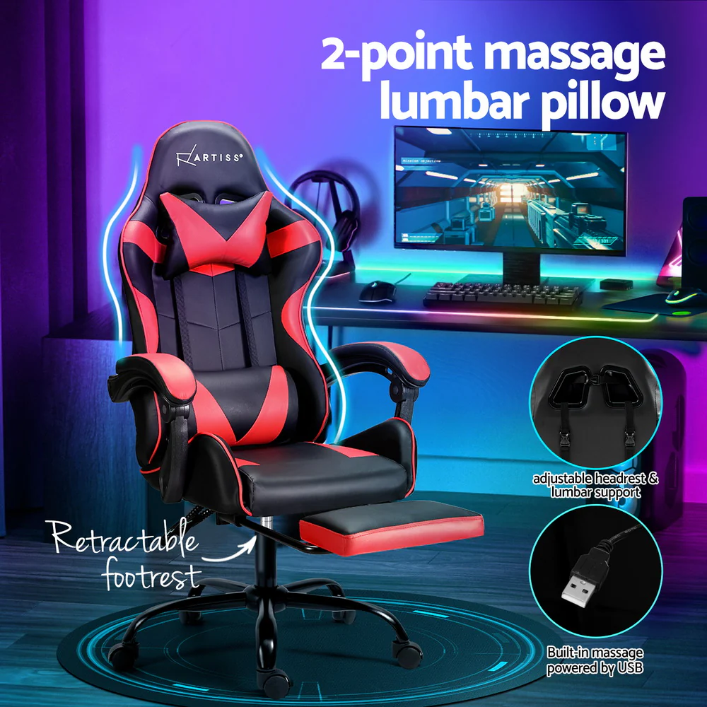 2 Point Massage Gaming Office Chair Footrest Red - Image 4