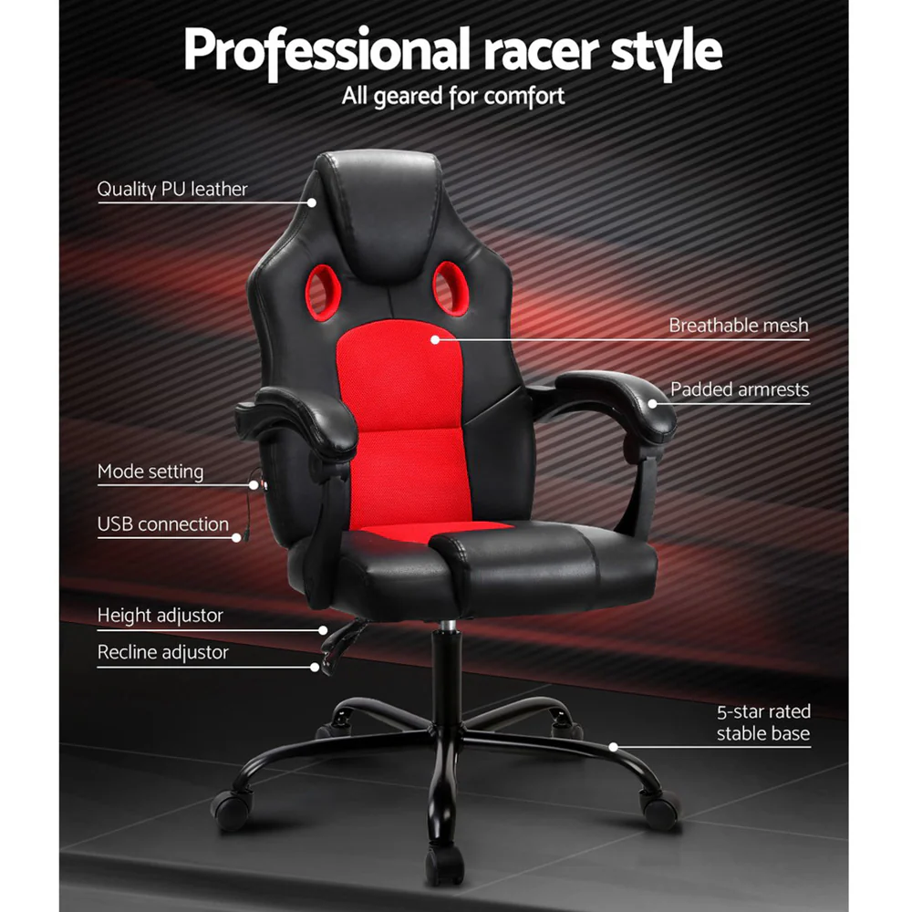 2 Point Massage Gaming Office Chair PU Leather Red - Image 3