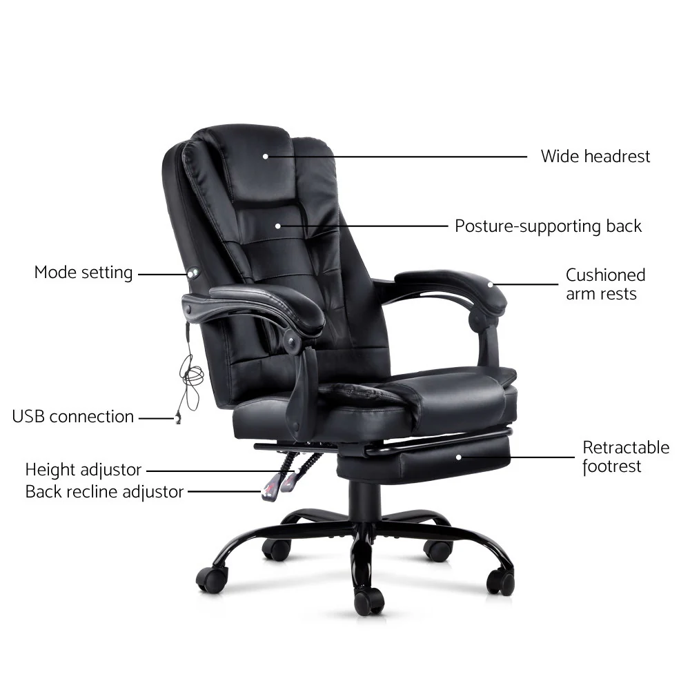 2 Point Massage Office Chair PU Leather Footrest Black - Image 3