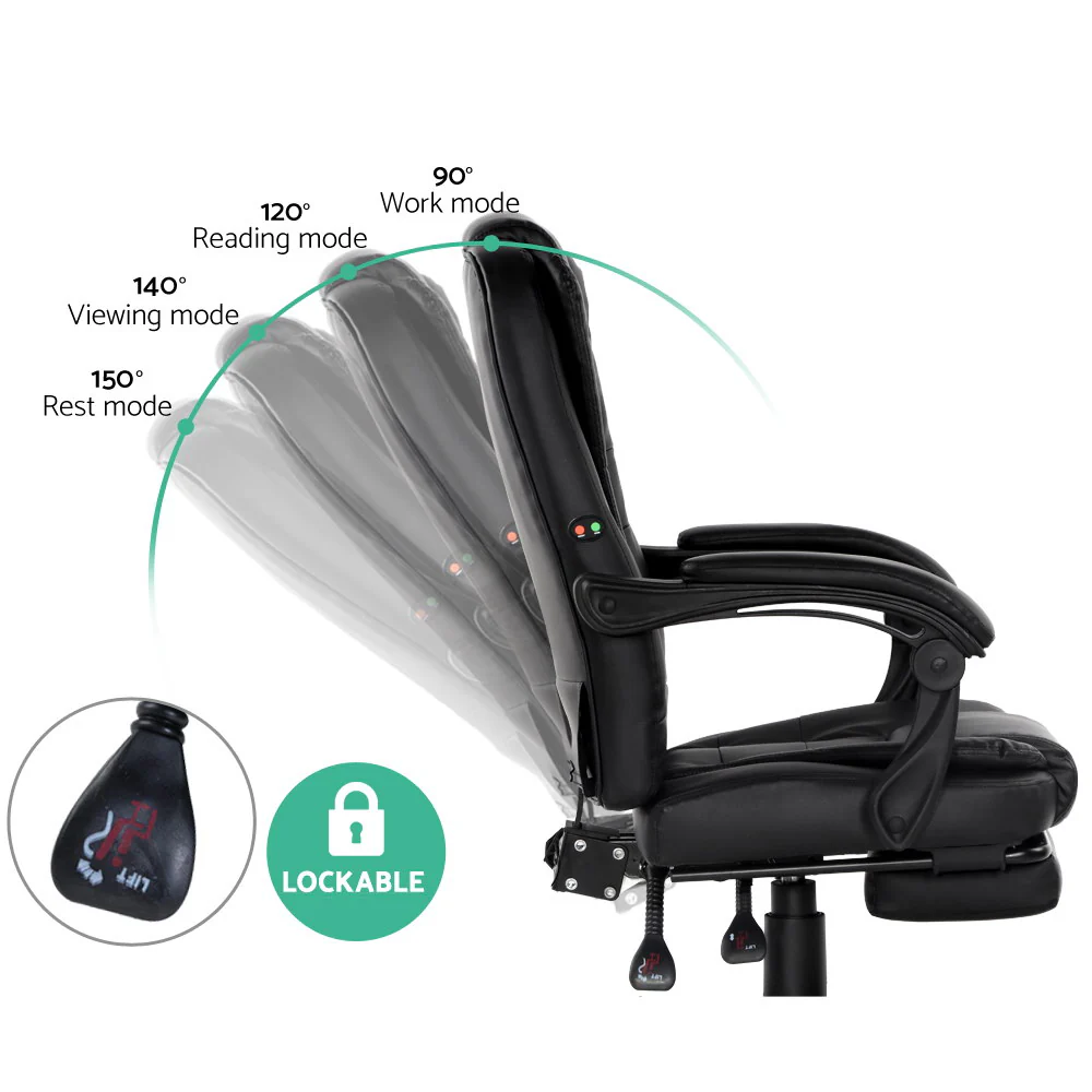 2 Point Massage Office Chair PU Leather Footrest Black - Image 4