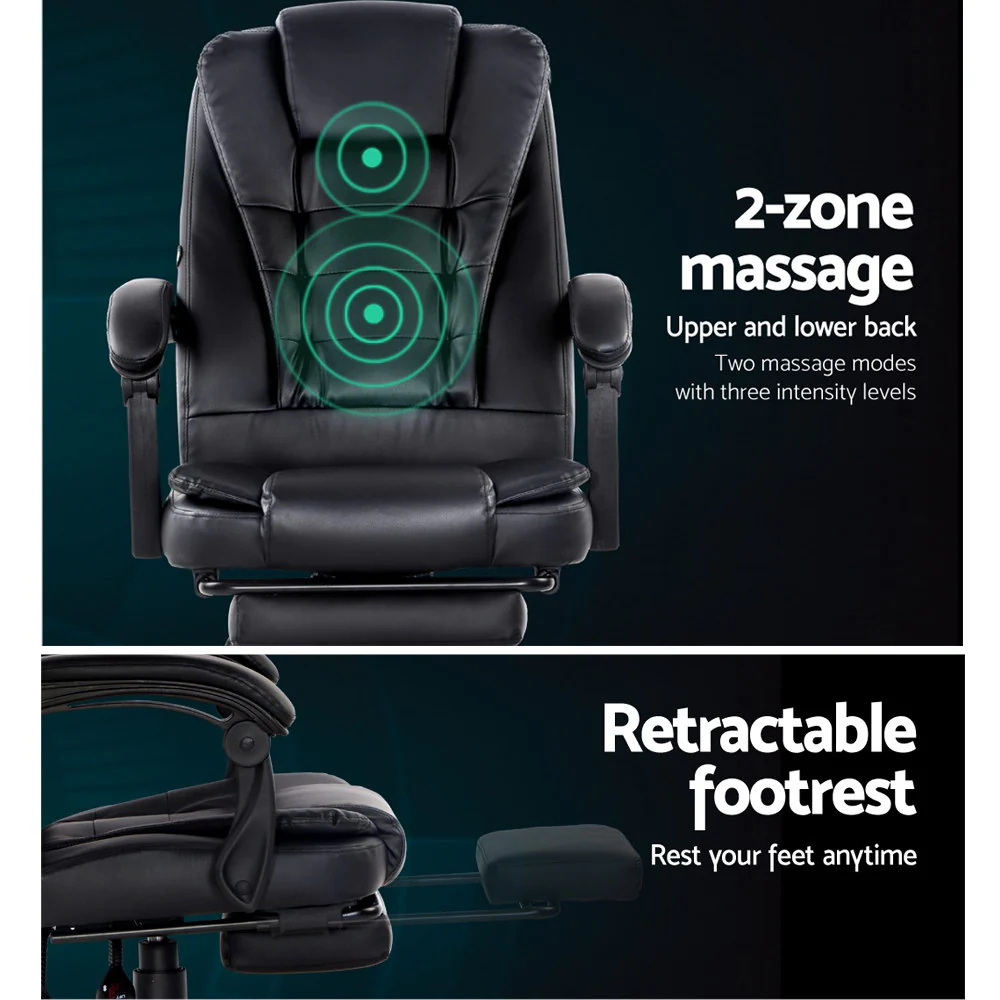 2 Point Massage Office Chair PU Leather Footrest Black - Image 5