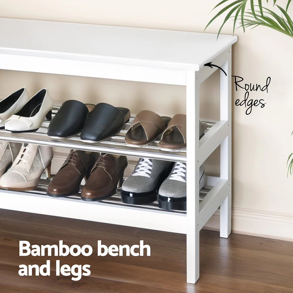 2-Tier Bamboo Shoe Rack Bench - White - Image 5