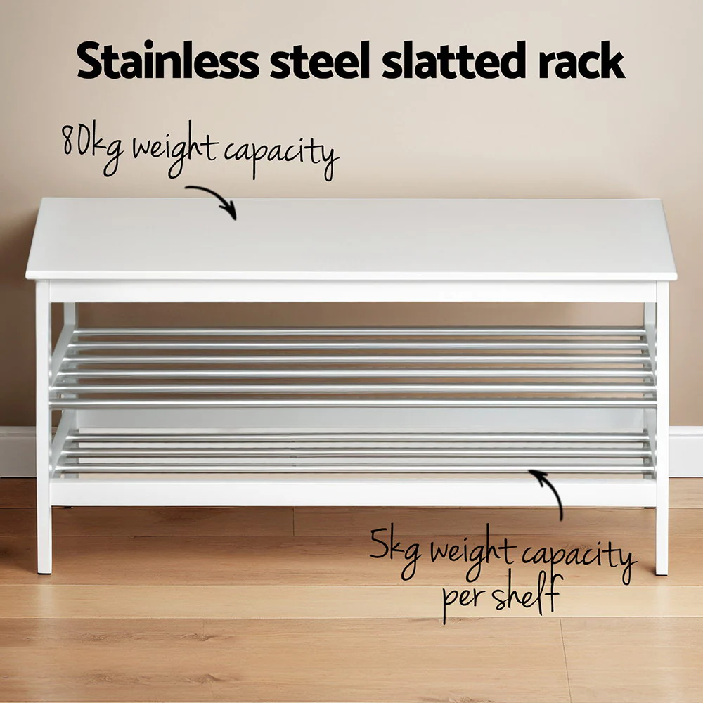 2-Tier Bamboo Shoe Rack Bench - White - Image 6