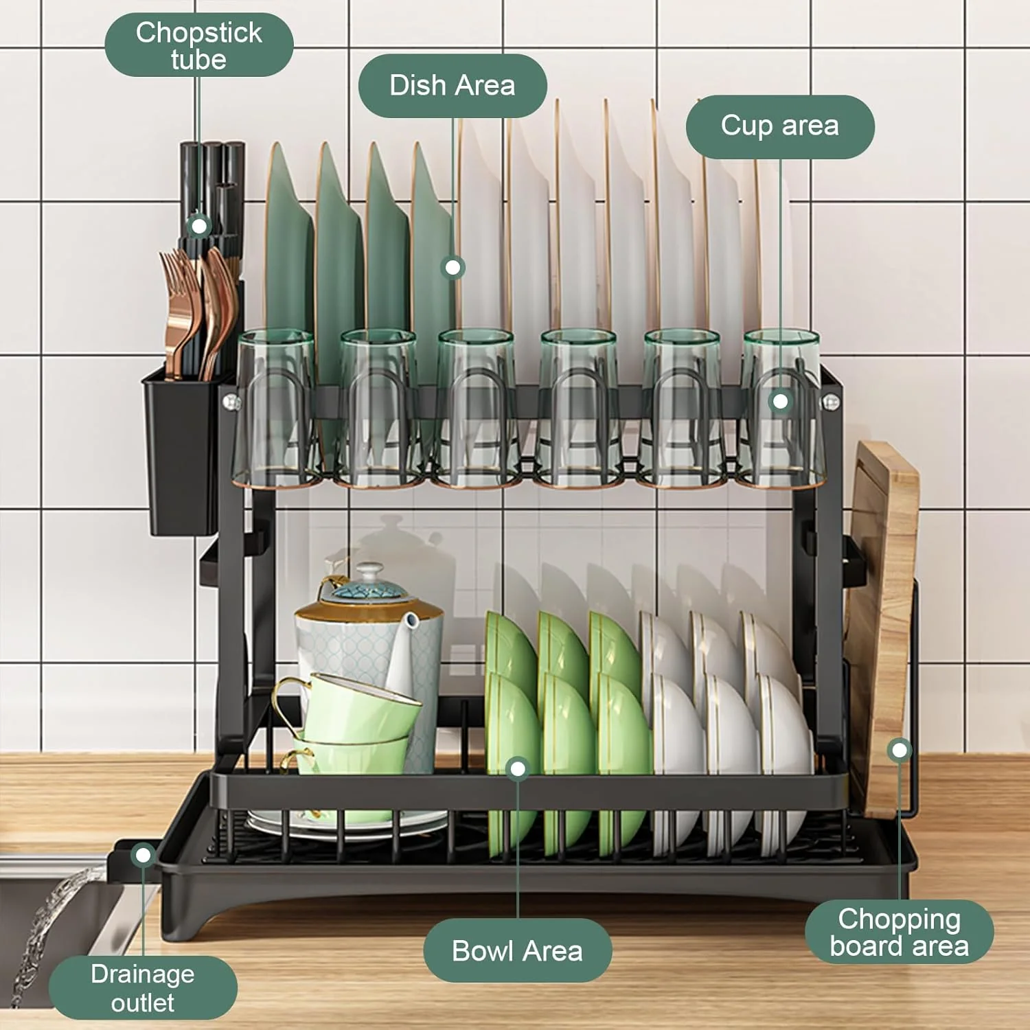 2-Tier Dish Drying Rack with Drainage Tray, Utensil Holder, Cup Hooks & Cutting Board Slot for Countertop Kitchen Storage (Black) - Image 4