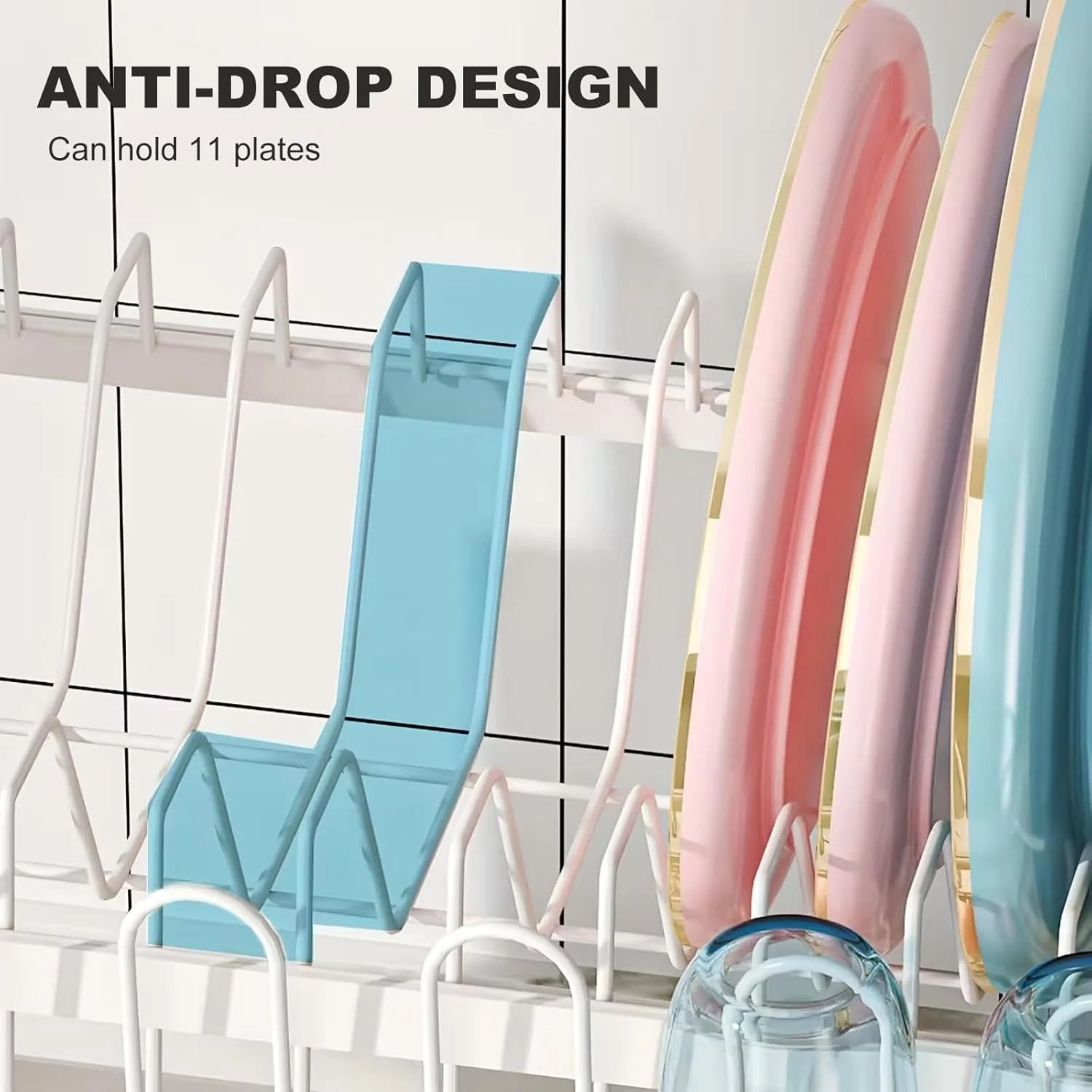 2-Tier Dish Drying Rack with Drainage Tray, Utensil Holder, Cup Hooks & Cutting Board Slot for Countertop Kitchen Storage (White) - Image 6