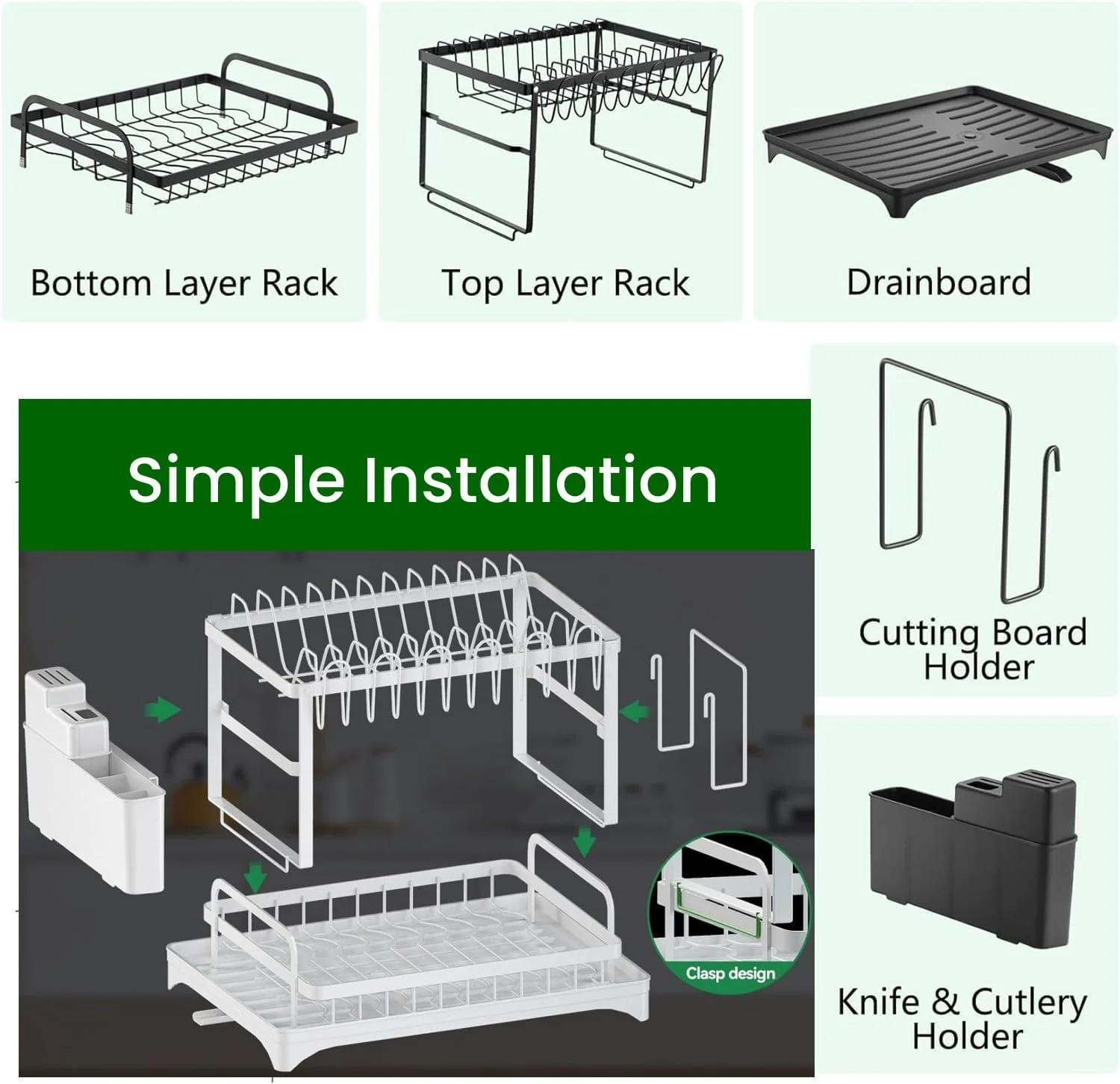 2-Tier Dish Drying Rack with Drainage Tray, Utensil Holder, Cup Hooks & Cutting Board Slot for Countertop Kitchen Storage (White) - Image 8