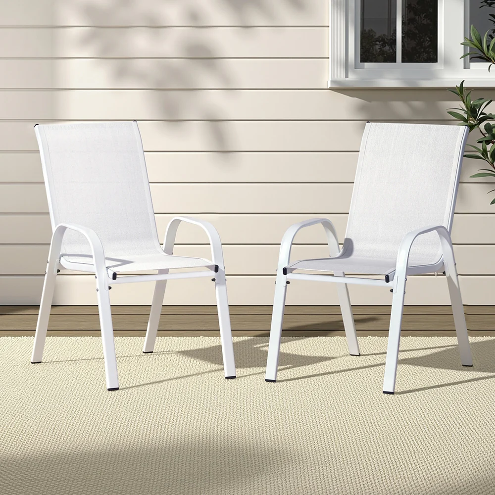Set of 2 Outdoor Dining Chairs Stackable Lounge Chair Patio Furniture White - Image 7