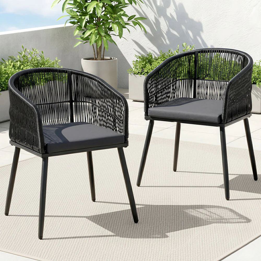 Set of 2 Outdoor Dining Chairs Wicker Chair Patio Furniture Garden Steel Black