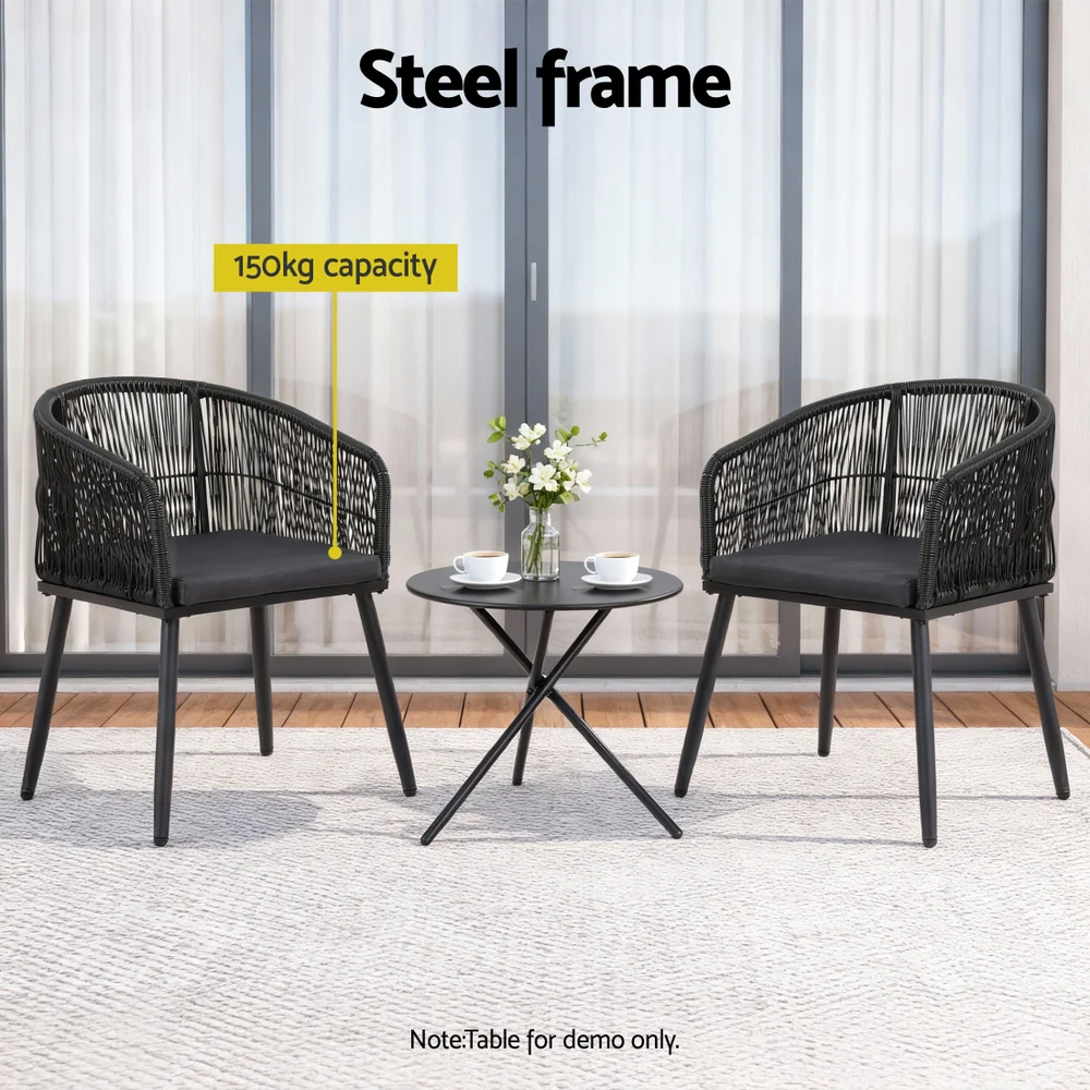 Set of 2 Outdoor Dining Chairs Wicker Chair Patio Furniture Garden Steel Black - Image 5