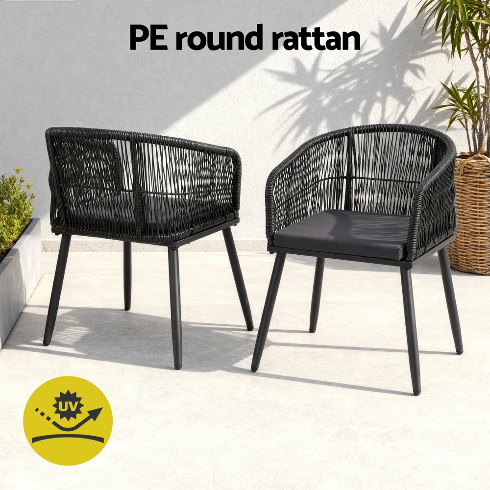 Set of 2 Outdoor Dining Chairs Wicker Chair Patio Furniture Garden Steel Black - Image 6
