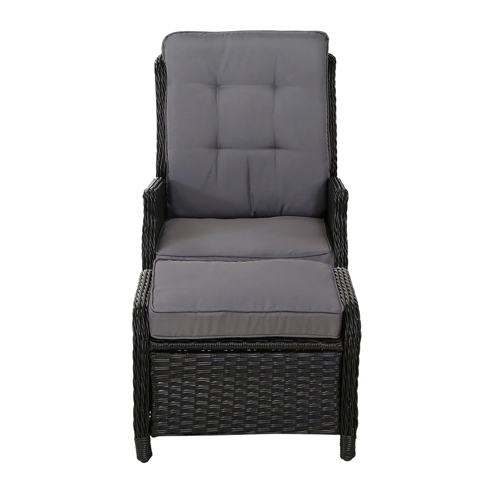 Set of 2 Recliner Chair Sun lounge Wicker Lounger Outdoor Furniture Adjustable Black - Image 3