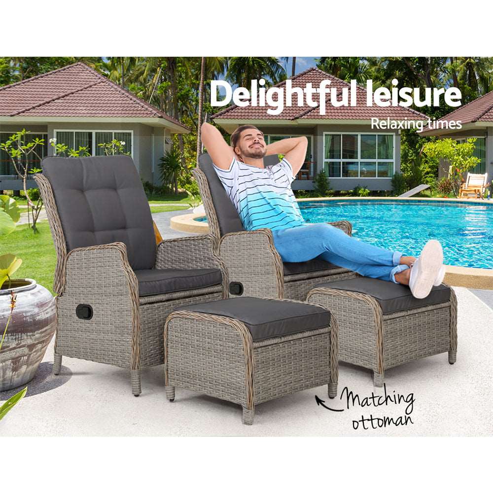 Set of 2 Recliner Chair Sun lounge Wicker Lounger Outdoor Furniture Adjustable Grey - Image 9