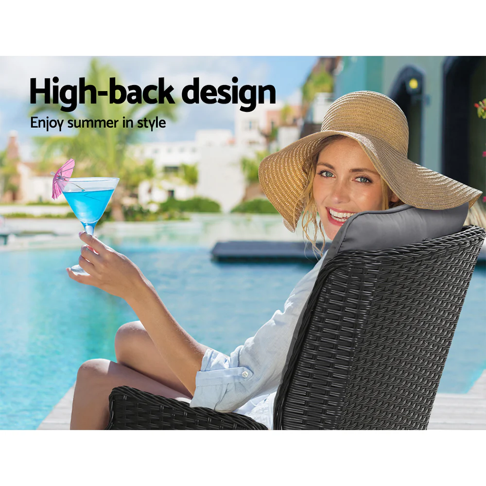 Set of 2 Recliner Chairs Sun lounge Wicker Lounger Outdoor Furniture Adjustable Black - Image 11