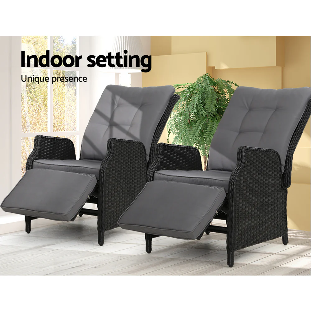 Set of 2 Recliner Chairs Sun lounge Wicker Lounger Outdoor Furniture Adjustable Black - Image 12