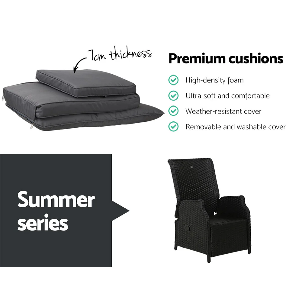 Set of 2 Recliner Chairs Sun lounge Wicker Lounger Outdoor Furniture Adjustable Black - Image 7