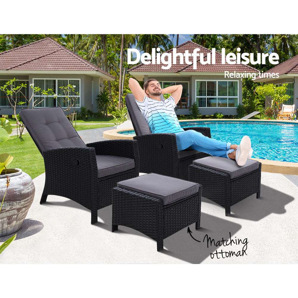 Set of 2 Recliner Chairs Sun lounge Wicker Lounger Outdoor Furniture Adjustable Black - Image 9