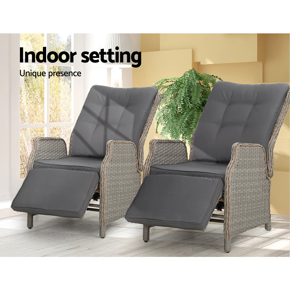 Set of 2 Recliner Chairs Sun lounge Wicker Lounger Outdoor Furniture Adjustable Grey - Image 12