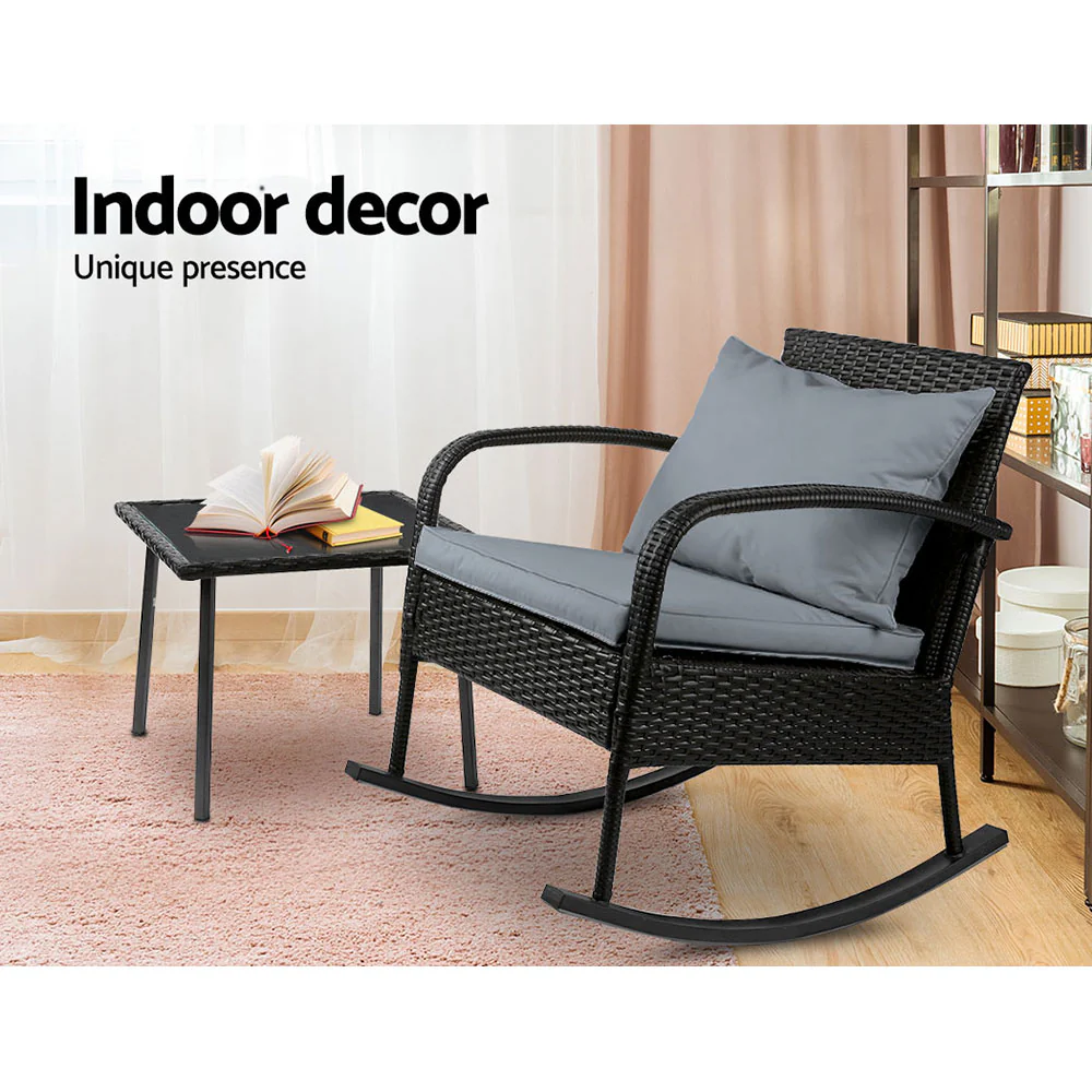 Set of 2 Rocking Chair Table Wicker Outdoor Furniture Patio Lounge Setting - Image 5