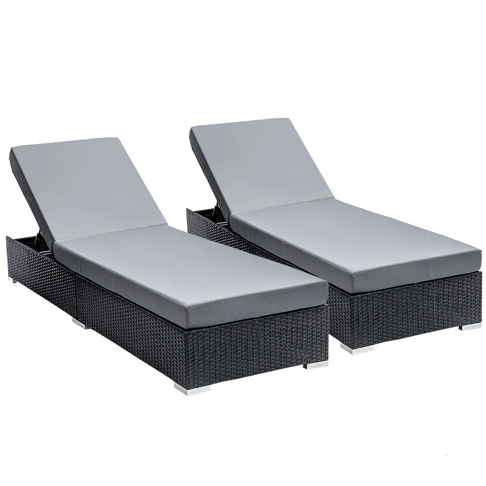 Set of 2 Sun Lounge Wicker Lounger Outdoor Furniture Day Bed Adjustable Rattan Garden