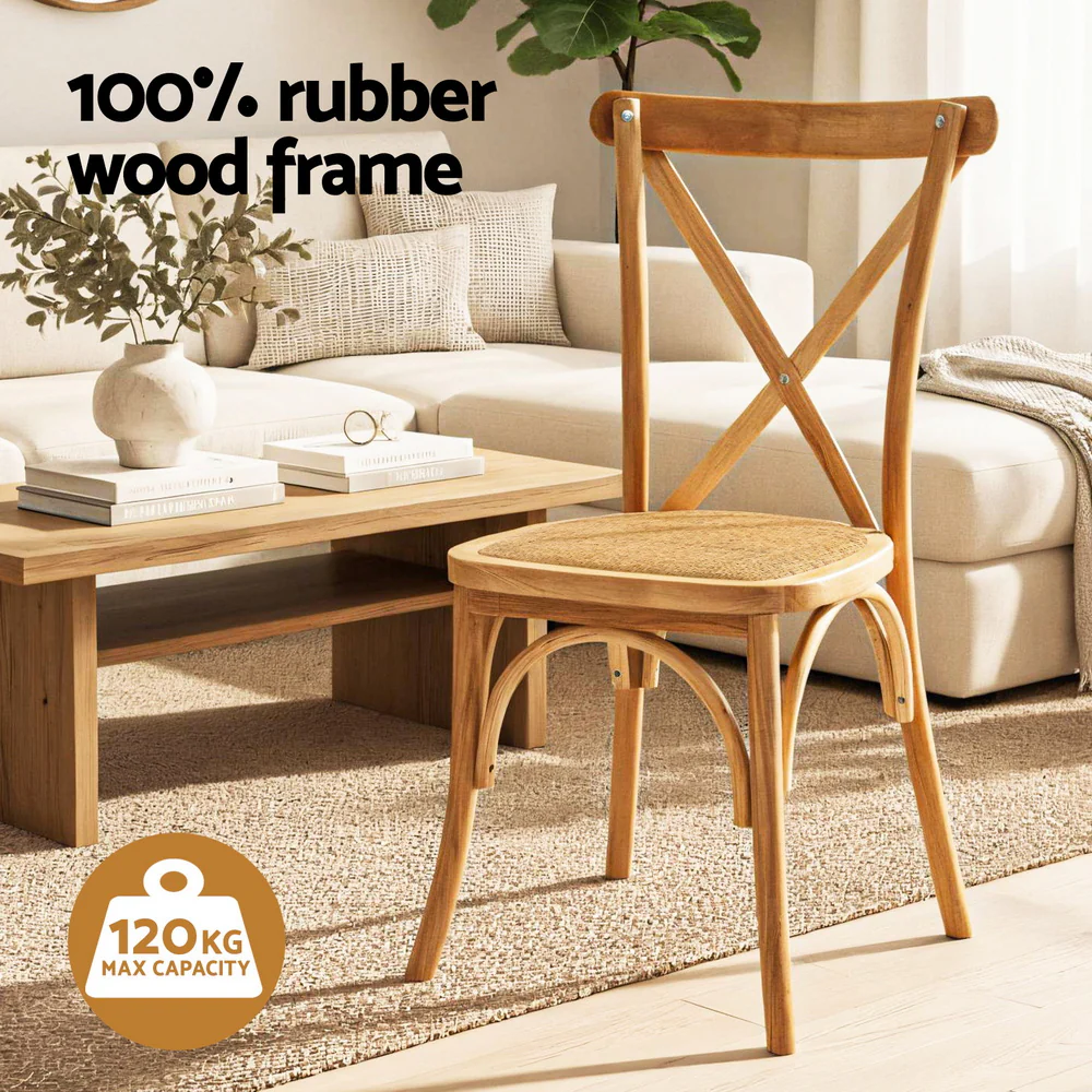 Set of 2 Dining Chairs Rattan Wooden Kitchen Accent Chair Cafe Lounge Rubber Wood - Image 4